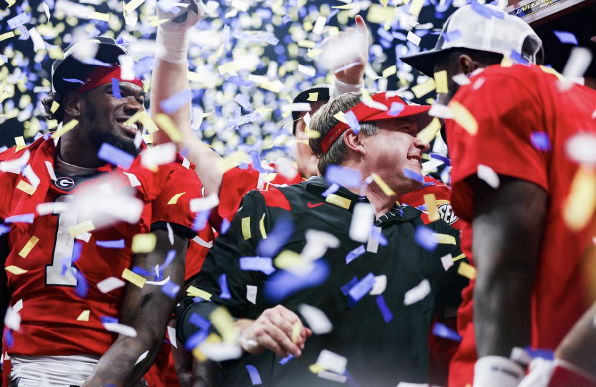 Georgia head coach Kirby Smart after Georgia’s win in the 2022 SEC Championship Game at Mercedes-Benz Stadium in Atlanta, Ga., on Saturday, Dec. 3, 2022. (Photo by Tony Walsh)